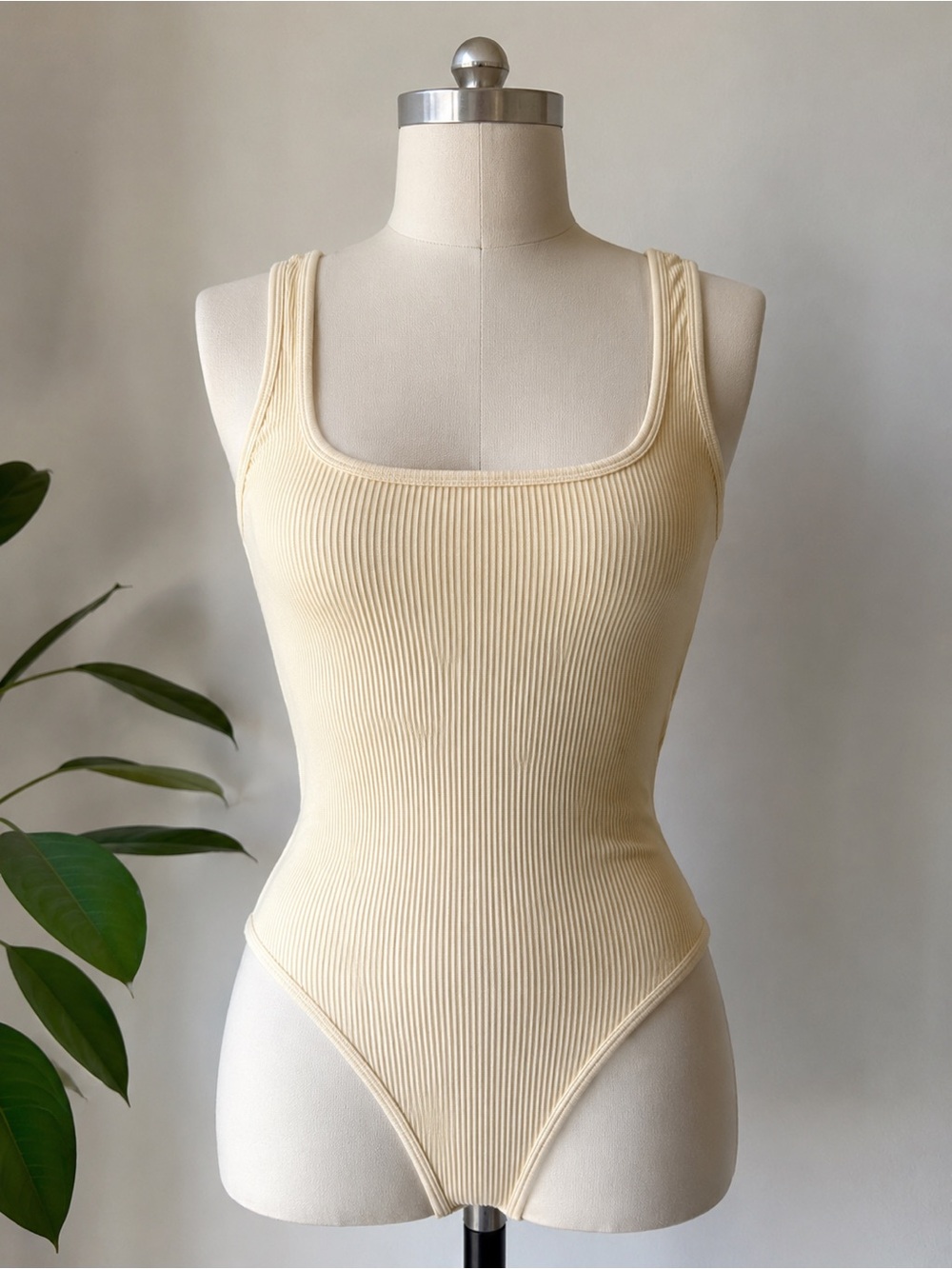 OQQ- Sleeveless Cream Ribbed Bodysuit - Women Brand New- Shapewear with Spandex
